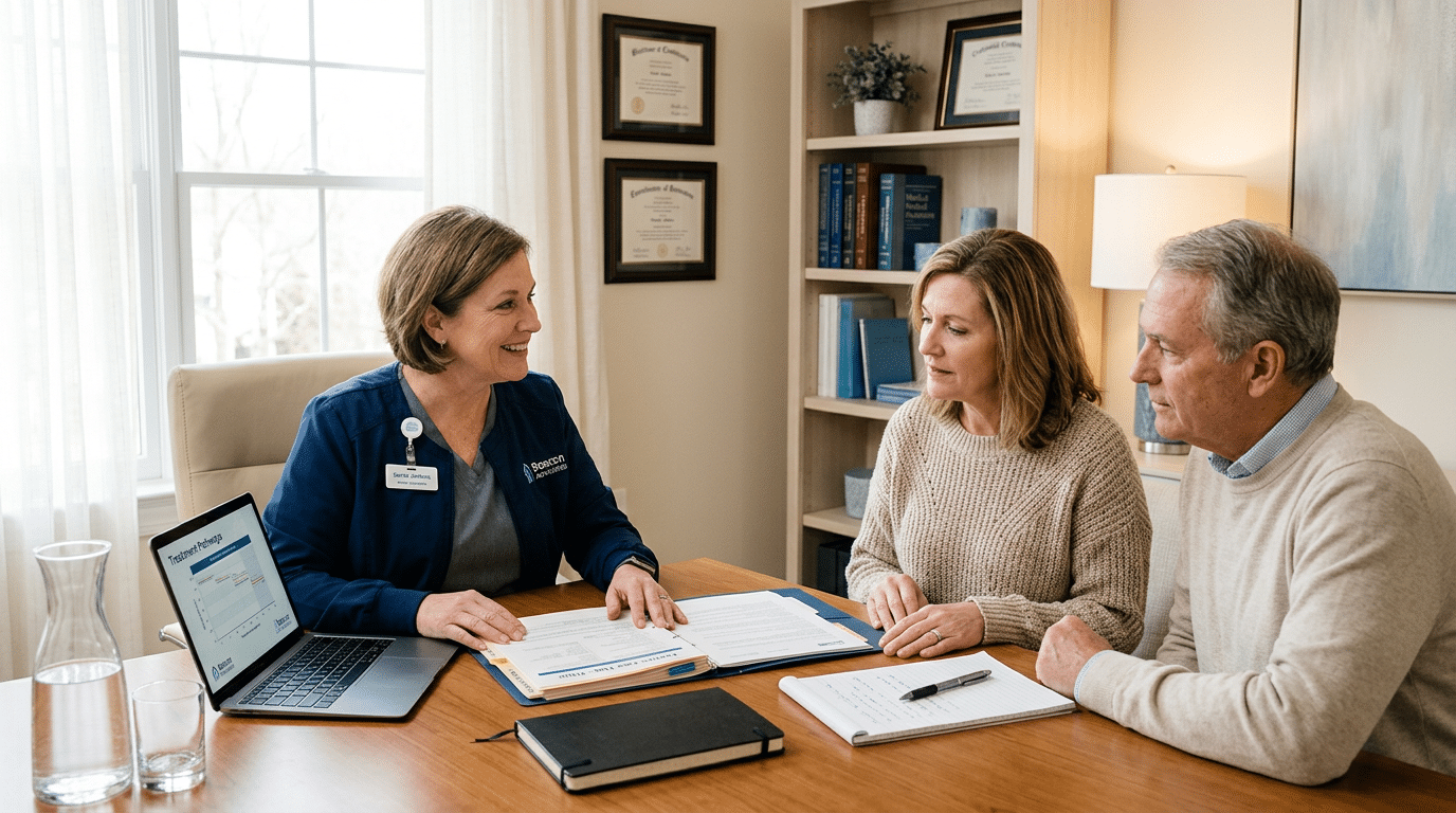 Cancer advocate helping a patient and caregiver review treatment options and next steps