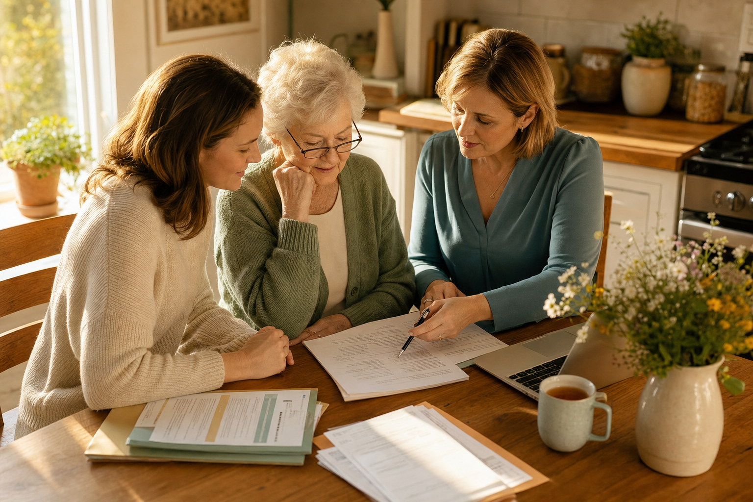 Private cancer patient advocate reviewing treatment paperwork with a patient and her adult daughter at a kitchen table
